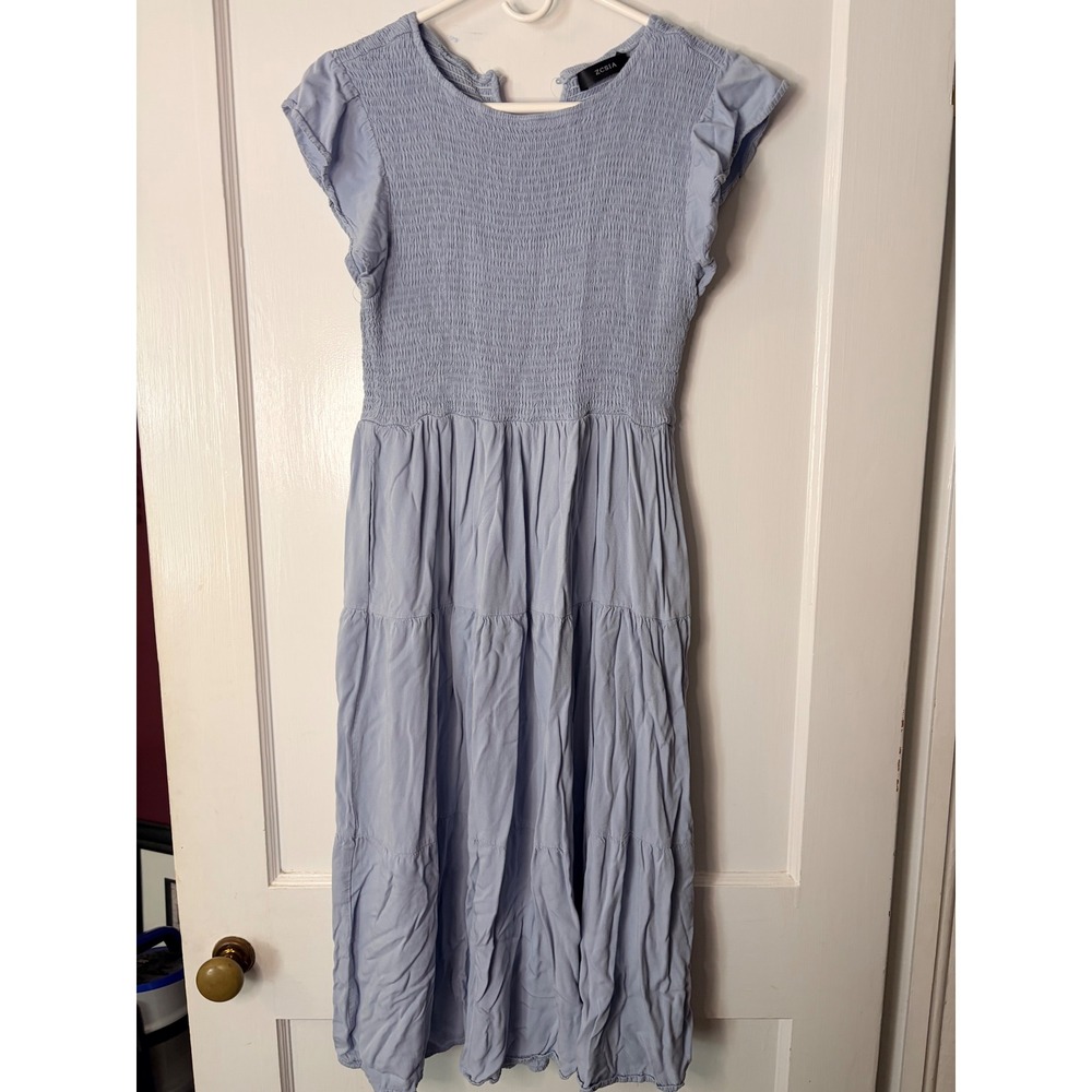 ZCSIA Light Blue Smocked Midi Dress Ruffle Cap Sleeve Tiered Skirt Large